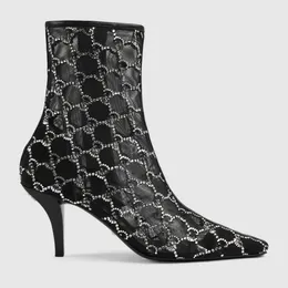 SS23 Kvinnors Mid-Heel Boot Black Green Rose Beige Crystal Mesh Boots Storlek 35-41