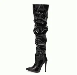 Streç diz üstü botlar kadın moda sivri uçlu ayak parmağı siyah yan fermuar ince yüksek topuklu dişi parlak pileli yüksek topuk botas kızlar için parti ayakkabıları 35-40