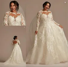 Oleg cassini renda ilusão manga longa plus size vestidos de casamento 2023 sheer o pescoço applique floral inchado saia princesa vestido de noiva robes