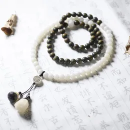 Löst ädelstenar Kinesiska stil Buddha-armband Multi-Circle White Jade Bodhi Root Green Sandalwood Halsband Ullkedja för män och kvinnor