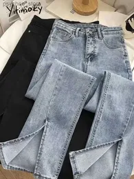 Kvinnors jeans yitimoky streetwear elastic denim split flare jeans kvinna hög midja vintage blå jeans kvinna grå klocka botten jeans kvinna y2k q230901