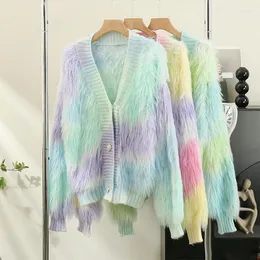 Women's Knits Fashion Chromatic Colour Hairy Knitted Cardigan 2023 Women Autumn Winter Long Sleeve V-neck Loose Sweater Jacket