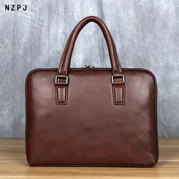 Briefcases Vintage Men's Briefcase Top Layer Cowhide Casual Handbag Leather Business Shoulder Messenger Bag Brown 14 Inch Laptop NZPJ 230901