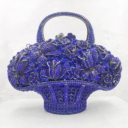 Sacos de noite Bling Crystal Luxury Flower Basket Blue Party Bolsa com Cadeia Senhoras Pochette para Mulheres Dia Embreagens 8818 230901