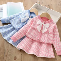 Flickors tröja set Autumn/Winter New Western Style Small Fragrance Långärmad Bow Tie Children's Princess Dress Two Piece Set