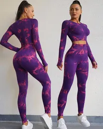 Kvinnors tvåbitar byxor Kvinnor Tiedye sömlösa kostymer höga midjelegeringar Skjortor Yoga Leggins Push Up Workout Set Gym Training Sportwear 2