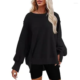 Kvinnors hoodies Korea Stylish Autumn Sweatshirt Solid Color Patchwork Full Sleeve Round Neck Slit Casual Loose Winter Female Hoody C5234