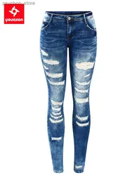 Kvinnors jeans 2045 Youaxon Women's Fashion Blue Low Rise Skinny nödställda tvättade stretch denim jeans för kvinnor rippade byxor q230901