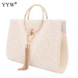 Abendtaschen Stroh Zinklegierung Quasten Handtasche für Frauen Hochzeit Party Clutch mit Kette Kreisring Bolsa Feminina Geldbörse 230901