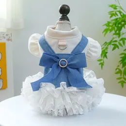 Dog Apparel Denim Suspenders Lace Tutu Skirt Clothes Flutter Sleeve Bow Princess Dress Small Dogs Clothing Cat Party Sweet Pet Items