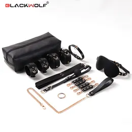 Adulto brinquedos blackwolf portátil bdsm bondage kits de retenção de couro conjunto algemas colar mordaça máscara de olho sexo para mulheres casais jogos 230901