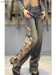 Dżinsy damskie Summer Y2K Streetwear Harajuku Butterfly Dekoracja dżinsowe spodnie damskie haft wysokiej talii luźna prosta dziura Ripped dżinsy Q230901