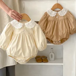 New Baby Autunno Pagliaccetto Ragazze del bambino Dolce Autunno Body Fiore di pizzo Autunno Manica lunga Colletto per bambole Stampa floreale Tuta Abiti per neonati 2561