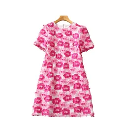 Vestido con paneles de flores en 3D, estampado floral rosa de verano, manga corta, cuello redondo, vestidos cortos informales S3G040804 de talla grande XXL