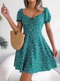 Casual Dresses Ruffles Short Sleeve Women Square Neck Lace-up Retro Floral Printed Mini Dress Fashion Slim Office A Line