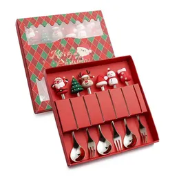 6 PCS Gold Christmas Spoon Fork مع مربع الهدايا المصنوع من الفولاذ المقاوم للصدأ مصغرة ملعقة شوكة شوكة زخرفة الأدوات المطبخ