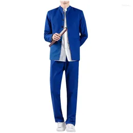 Men's Suits Chinese Style Stand Collar Suit 2 Piece Men Blazer Jacket And Lace Up Trousers 2023 Pure Color Wedding Dress Sets