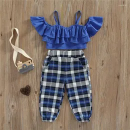 Clothing Sets 1-6years Kids Girls Summer Outfits Spaghetti Strap Ruffle Cold Shoulder Tops And Stretch Casual Plaid Pants Set Streetwear