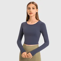 LU-128 Tops cortos para mujer, camisetas de Yoga, Top deportivo sólido, camisas de manga larga para correr, ombligo descubierto sexi, ropa deportiva de secado rápido para gimnasio y Fitness