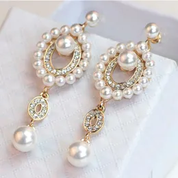 Boucles d'oreilles pendantes FORSEVEN femmes fille datant anniversaire fête de mariage rond cristal simulé perles Long pendentif goutte boucle d'oreille Eardrop