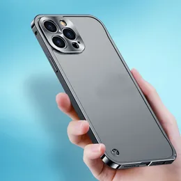 Coque de téléphone magnétique translucide givrée, cadre métallique en aluminium, pour iPhone 12 13 14 15 Pro Max 14plus, accessoire de couverture MagSafe