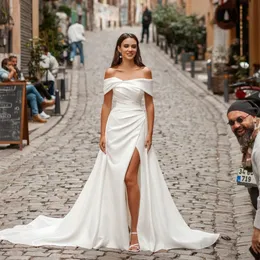 Elegante longo crepe fora do ombro vestidos de casamento com trem destacável sereia marfim espartilho volta vestidos de novia abendkleider vestidos de noiva com pregas para mulher