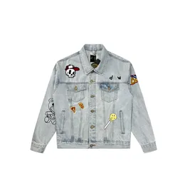 Designer jacket High street style multi element stitching smiley face embroidered badge denim washed old hip-hop street College Coats mens jacket
