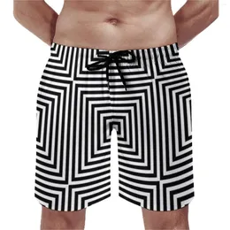 Men's Shorts Black And White Line Board Summer Square Optical Illusion Fun Short Pants Sportswear Quick Dry Custom Beach Trunks