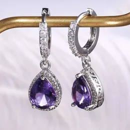 Orecchini a bottone color argento con zirconi viola a goccia d'acqua lunghi per donne eleganti, gioielli da sposa, accessori regalo