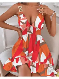 Casual Dresses 2023 Summer For Women Multi-Color Abstract Print Shirred Ruffles Halter Dress Vestidos de Mujer Mini Robe