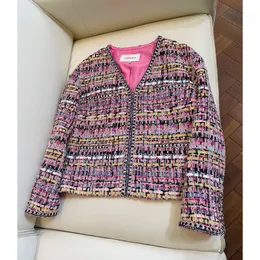 2023 Autumn Pink Contrast Color Contrast Trim-paljetter Tweed Jacket 3D Weave Long Sleeve V-ringen Double Pockets Classic Jackets Coat Kortsutkläder A3G301364