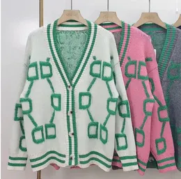 패션 v 넥 여자 스웨터 긴 소매 카디건 여성 녹색 가을 겨울 니트 스웨터 느슨한 캐주얼 편지 니트 카디건 여성 자카드 스웨터