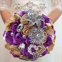 Purple Gold Satin Wedding Bridal Bouquet Symulacja Flower Flower Wedding Artificial Flower Crystal Sweet 15 Quinceanera Bouquet241s