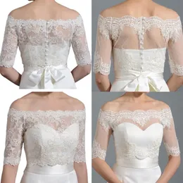 Cheap White Ivory Lace Bridal Jackets Boleros Off Shoulder Half Sleeve Buttons Covered Wedding Bride Wraps Shrug For Wedding Dress355L