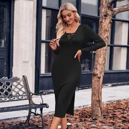 Casual Dresses Fashion Women Spring Fall Dress Lace Up V Neck Slim Fit Elastic Solid Color Long Sleeve Split Hem Mid-calf Length Lady Midi