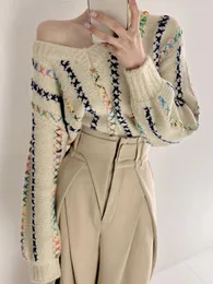 Kobiety swetry dla kobiet jesienne sweter Koreańszy nisza retro w dekolcie w dekolcie Kolorowa lina tkana dla luźnego i wszechstronnego dzianiny D4544