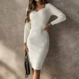 Vestidos casuais elegante gola quadrada com nervuras tricô vestido de fenda para mulheres outono inverno cor sólida roupas sexy midi roupas