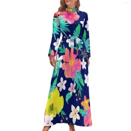 Casual Dresses Tropical Floral Dress Colorful Print Kawaii Maxi Streetwear Boho Beach Long High Neck Graphic Vestido