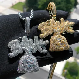 Iced Out Dollar Money Bag Bank Letter Charm Pendant Necklace with Rope Chain Hip Hop Women Men Full Paved 5A Cubic Zirconia Daily Gift Jewelry