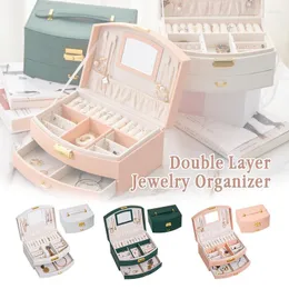 Jewelry Pouches Portable Double Layer Stackable Storage Box PU Drawer Style Earring Ring Display Case Organizer