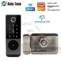 Dörrlås IP65 Vattentät WiFi Tuya App FingerPrint Smart Lock Outdoor Gate Password RFID Card Rim Bolt Echanical Nyckel med Alexa HKD230904