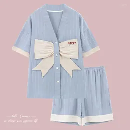 Kvinnors sömnkläder Bow-Knot Söta korta ärmar Sleep Tops Byxa för Girl Women V Neck Bomull Löst hemkläder Cardigan Suit Pijamas