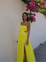 Vestidos casuais amarelo corte sem costas vestido plissado vestido sexy bohe split cintura alta sling mulheres sem mangas zíper banquete longo robe