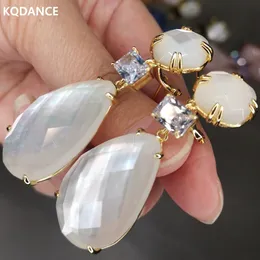 Hoop Huggie KQDANCE Anting-Anting Drop Panjang Mutiara Kerang Pirus Biru Batu Alam Batu Akik Hijau Wanita dengan Perhiasan Berlapis Emas 925 Jarum Perak 230904