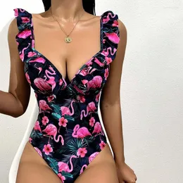 Mulheres Swimwear Mulheres Ruffle Strap Push Up Flamingos Palm Leaves Prints One Piece Swimsuit