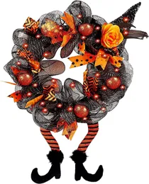 装飾的なオブジェクトの置物置物ハロウィーンの花輪付きLEDライトドアハンギングカボチャ魔女帽子カーニバルパーティーギフトホーム装飾230901