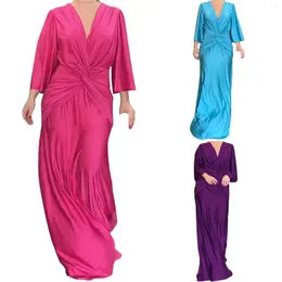 Casual Dresses Sexig Deep V Twisted Maxi Dress Fashion Long Sleeve Club Party Evening 2023 Elegant Satin Floor Lengen Bankettklänningar