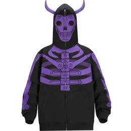 Par män kvinnor överdimensionerade hoodie halloween spöke skalle skriva ut full zip up hip hop streetwear vintage tröjor hösten vinter topp