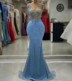 2023 Aso Ebi Árabe Céu Azul Sereia Vestido de Baile Cristais Frisado Sexy Noite Festa Formal Segunda Recepção Vestidos de Noivado de Aniversário Vestidos Robe De Soiree ZJ361