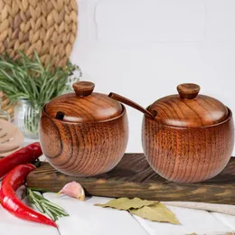 Storage Bottles Wooden Salt Cellar Sugar Pepper Box Seasoning Container With Lid And Spoon Spice Jars Kitchen